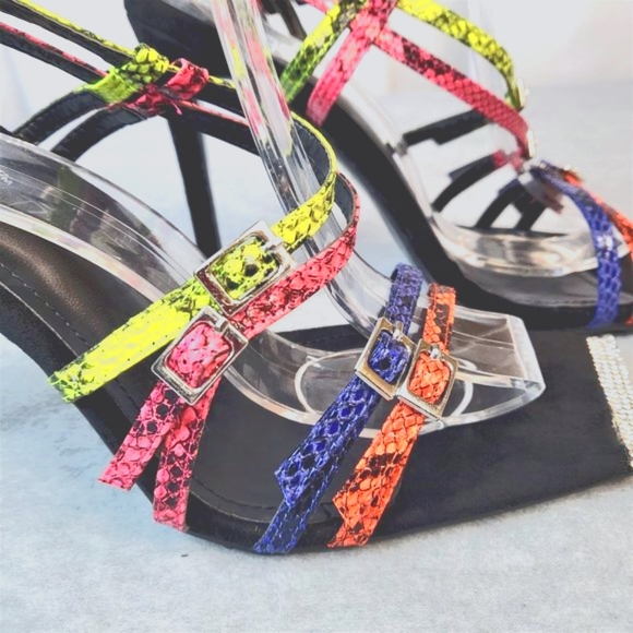 Neon Snake Square Toe Cross Strap Slingback High Heel Shoes Paradox - Picture 6 of 10